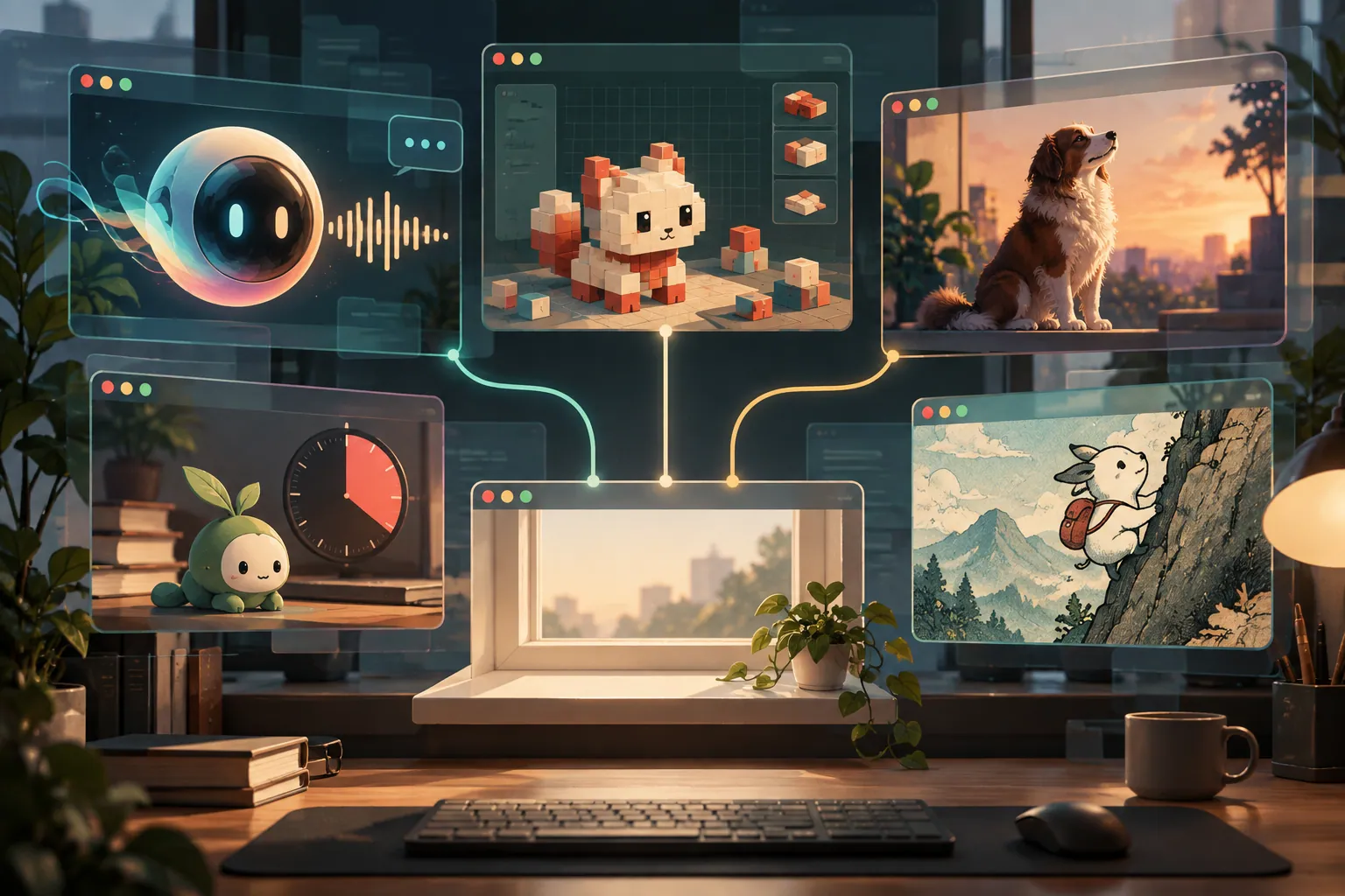 Editorial illustration of five original desktop companion paths branching from a central window ledge: voice assistant, modular pixel pet, photo-based dog, focus creature, and climbing mascot.