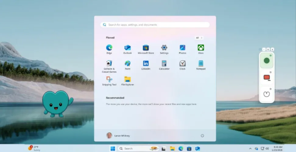 Windows 11 desktop with the Start menu open, the Cardio heart companion at lower left, and the compact Deskmate toolbar floating at right.