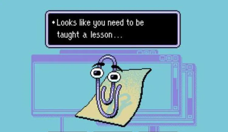 Pixel-art illustration of Clippy in front of overlapping purple computer windows on a cyan background, beneath a black dialogue box that reads, Looks like you need to be taught a lesson.