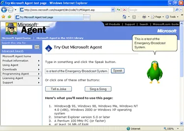 Microsoft Agent test page open in Internet Explorer on Windows XP, with the green parrot character Peedy speaking in a bubble beside buttons that trigger speech and song demos.
