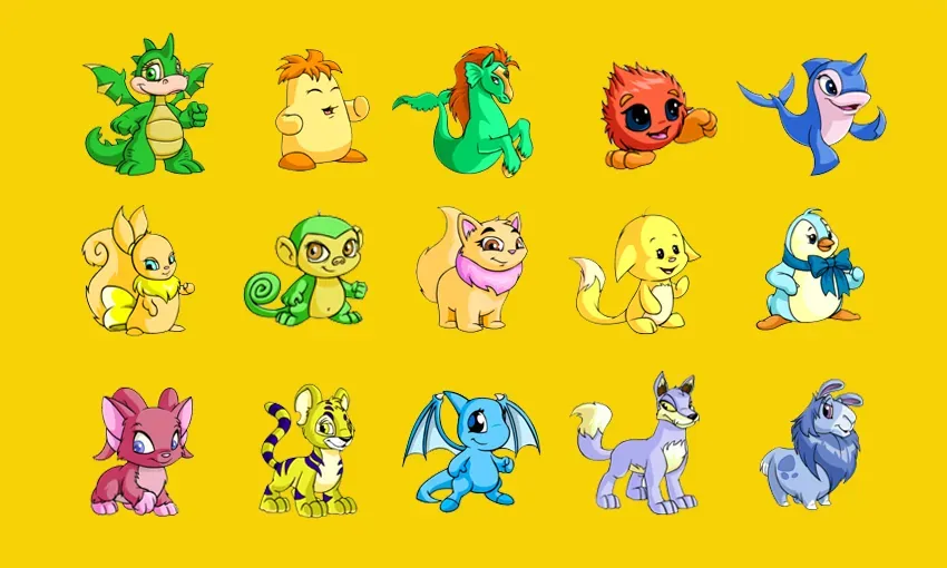 Fifteen colorful classic Neopets characters arranged in three rows against a bright yellow background.