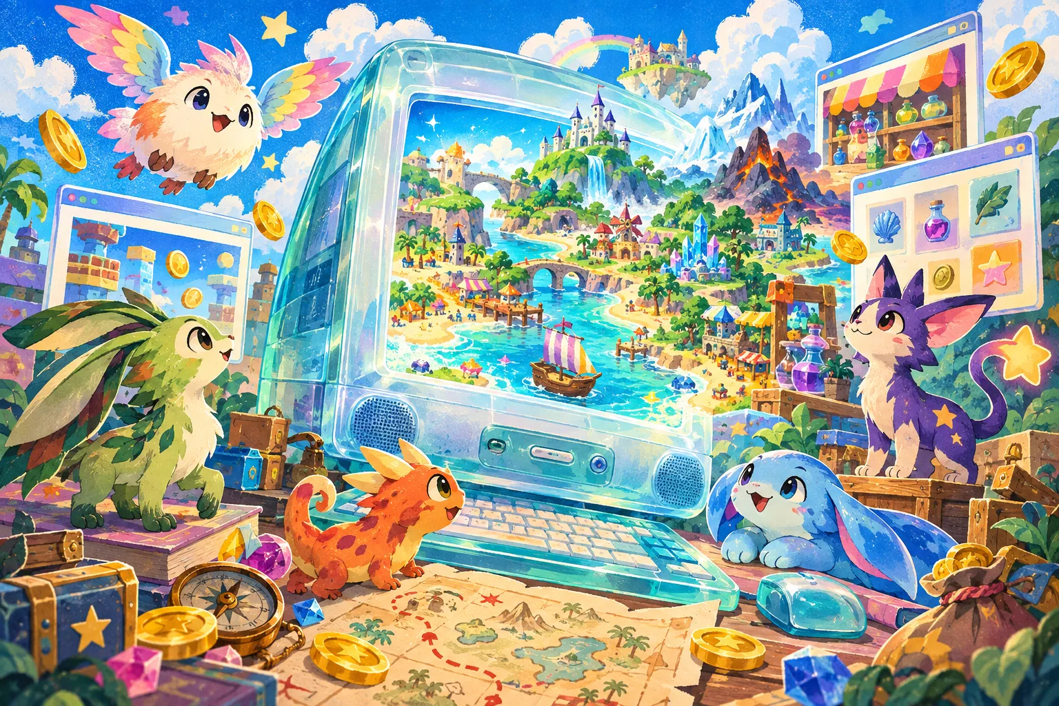 Colorful editorial illustration of five original fantasy virtual pets gathered around a translucent Y2K computer opening onto an island world filled with games, shops, coins, and treasure.