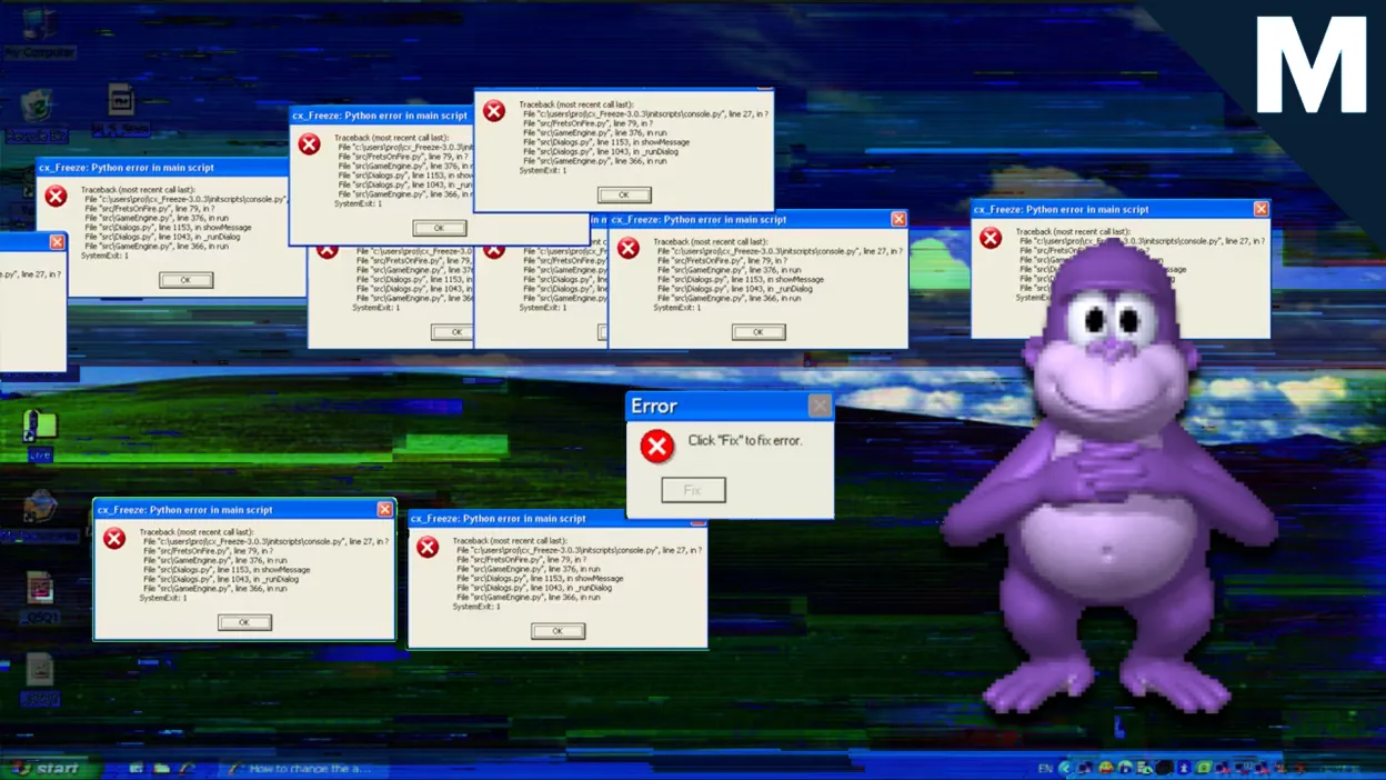 BonziBuddy standing on a glitching Windows XP desktop surrounded by overlapping error-message windows.