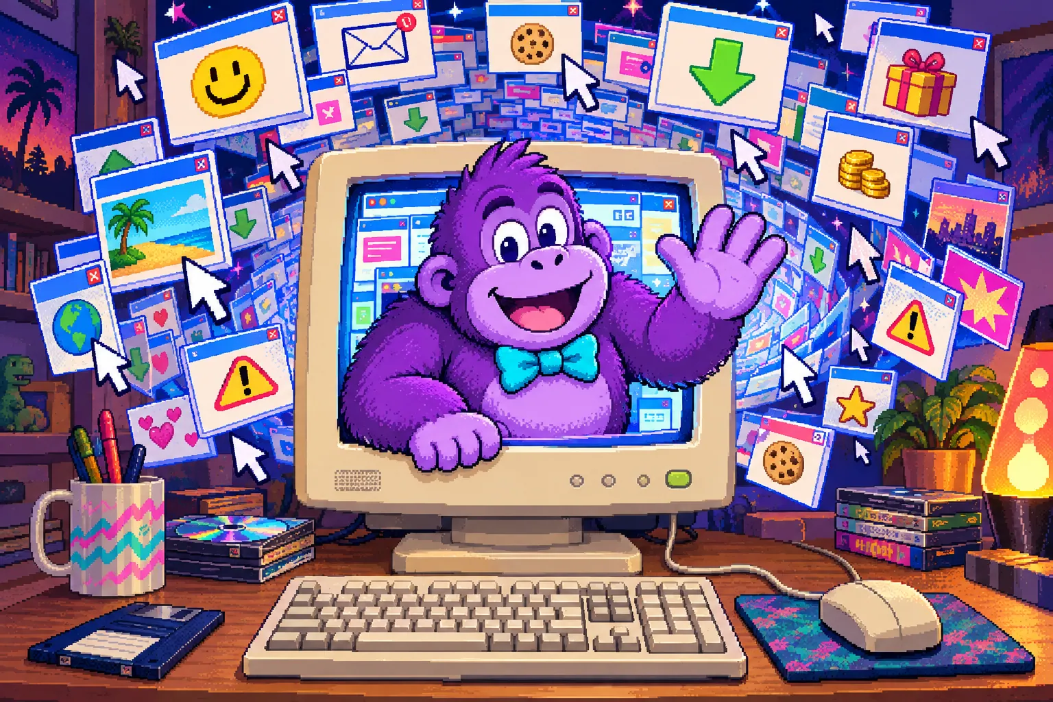 Original pixel-art illustration of a friendly purple desktop gorilla beside a beige computer and a stack of colorful pop-up windows.