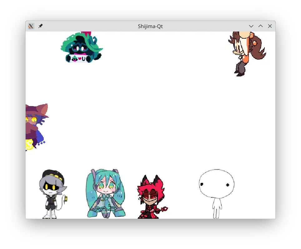 Screenshot of the open-source Shijima-Qt runner showing several small desktop mascots walking and climbing inside a window.