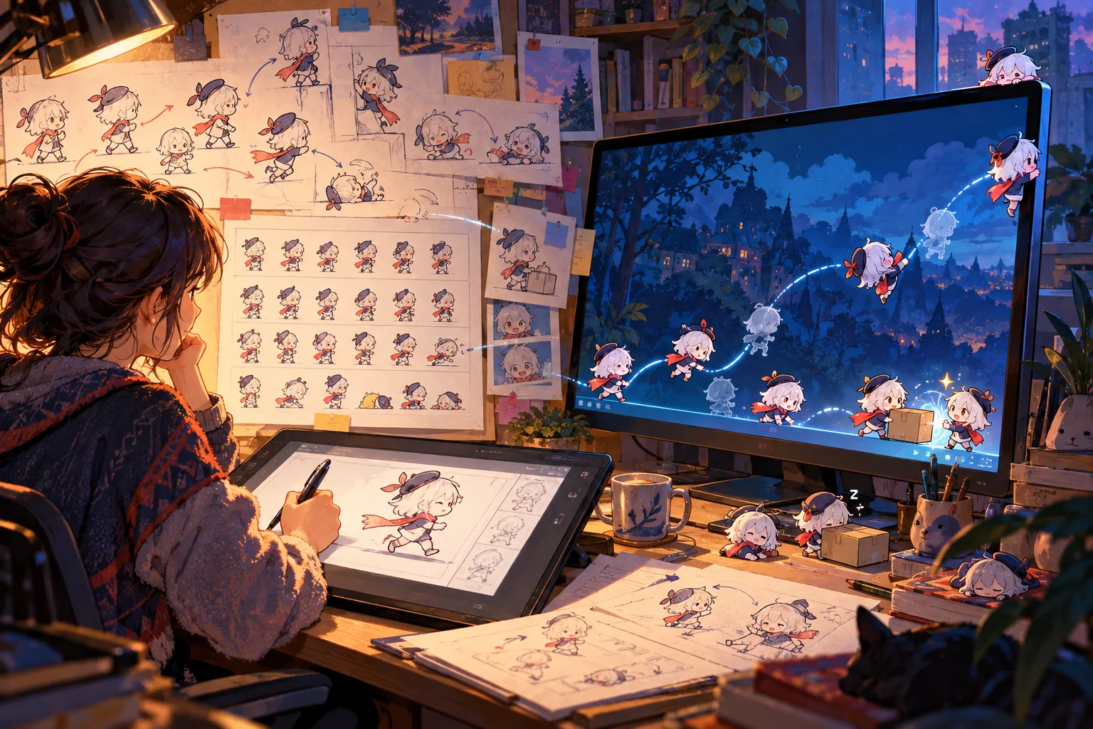 Original digital artist drawing a tiny mascot while animation studies, pose sheets, and a live desktop version fill a warmly lit studio.