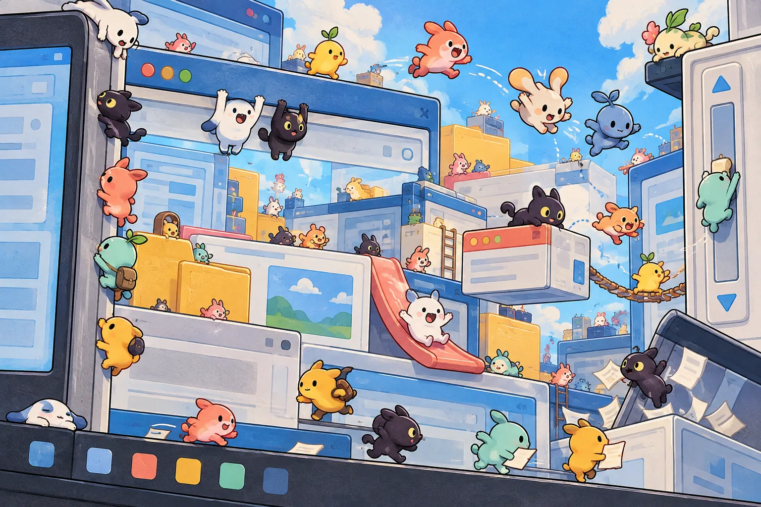 Original tiny mascots climbing, dangling, jumping, and sliding across a bright city made from overlapping desktop windows and folders.