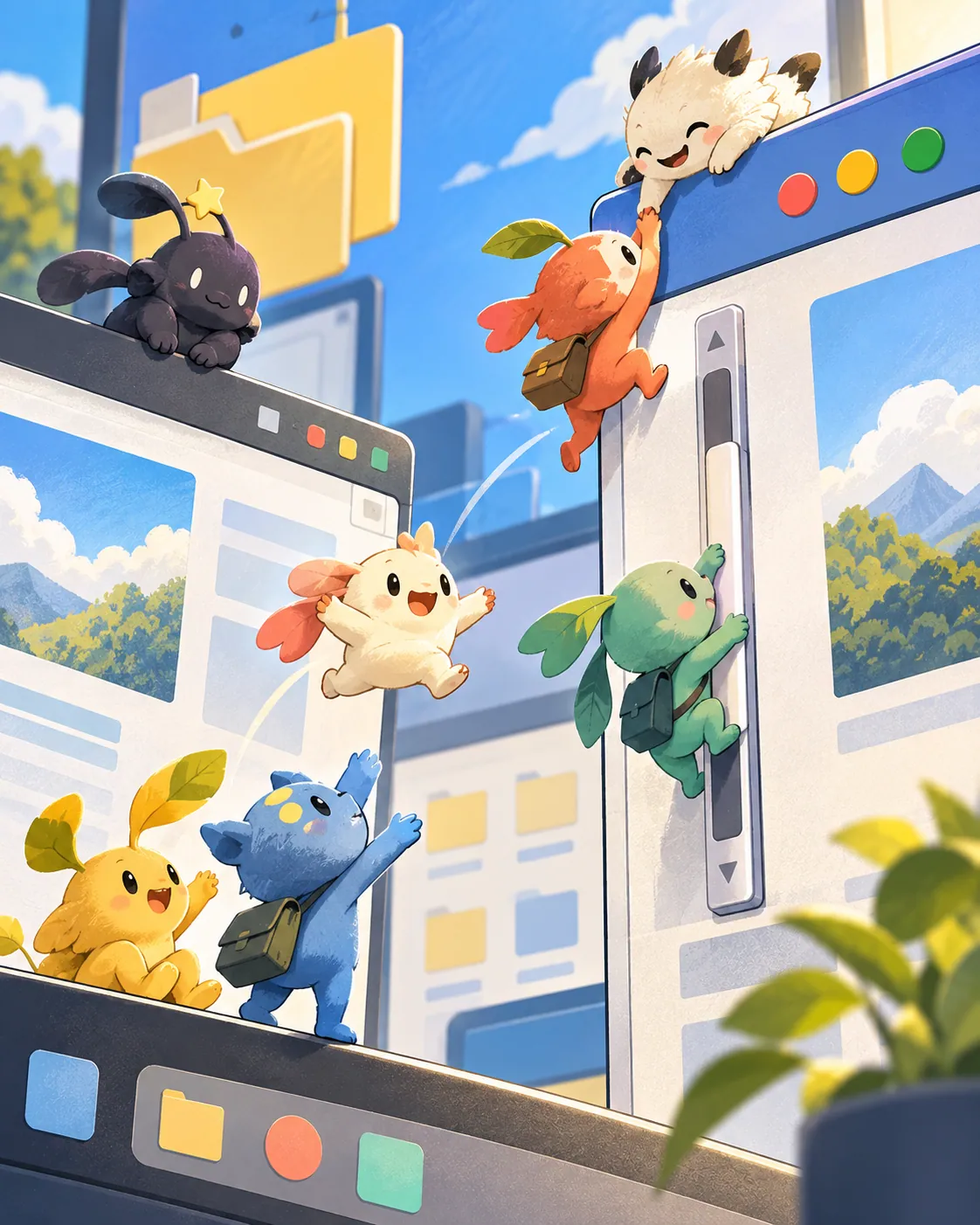 Original editorial illustration of tiny mascots climbing, dangling from, and sliding around overlapping desktop windows.
