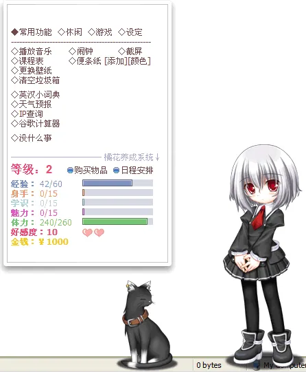 Desktop ghost character named Taromati standing beside a black cat and a vertical status panel with Chinese interface text and colored meters.